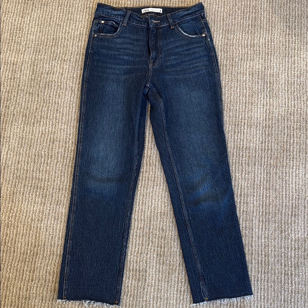 Zara Blue Straight Leg Jeans with Raw Hem